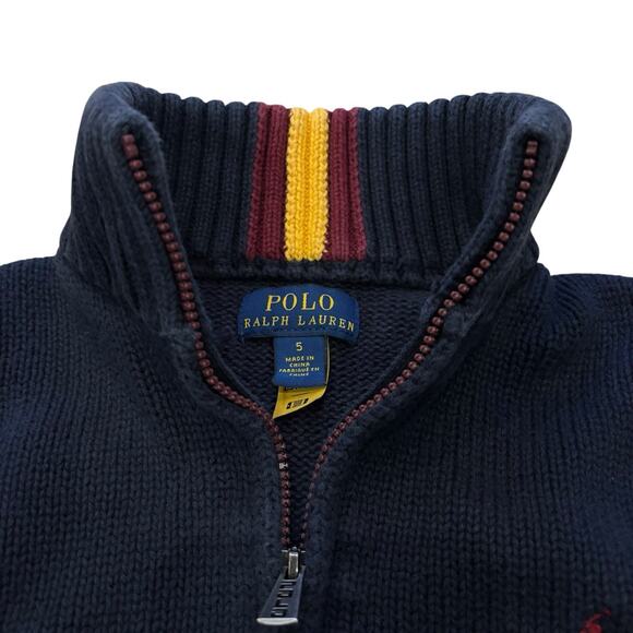 Polo Ralph Lauren Boys Full Zip Knit Navy Blue Cardigan Toddler 5 Collar Stripes - Picture 3 of 6